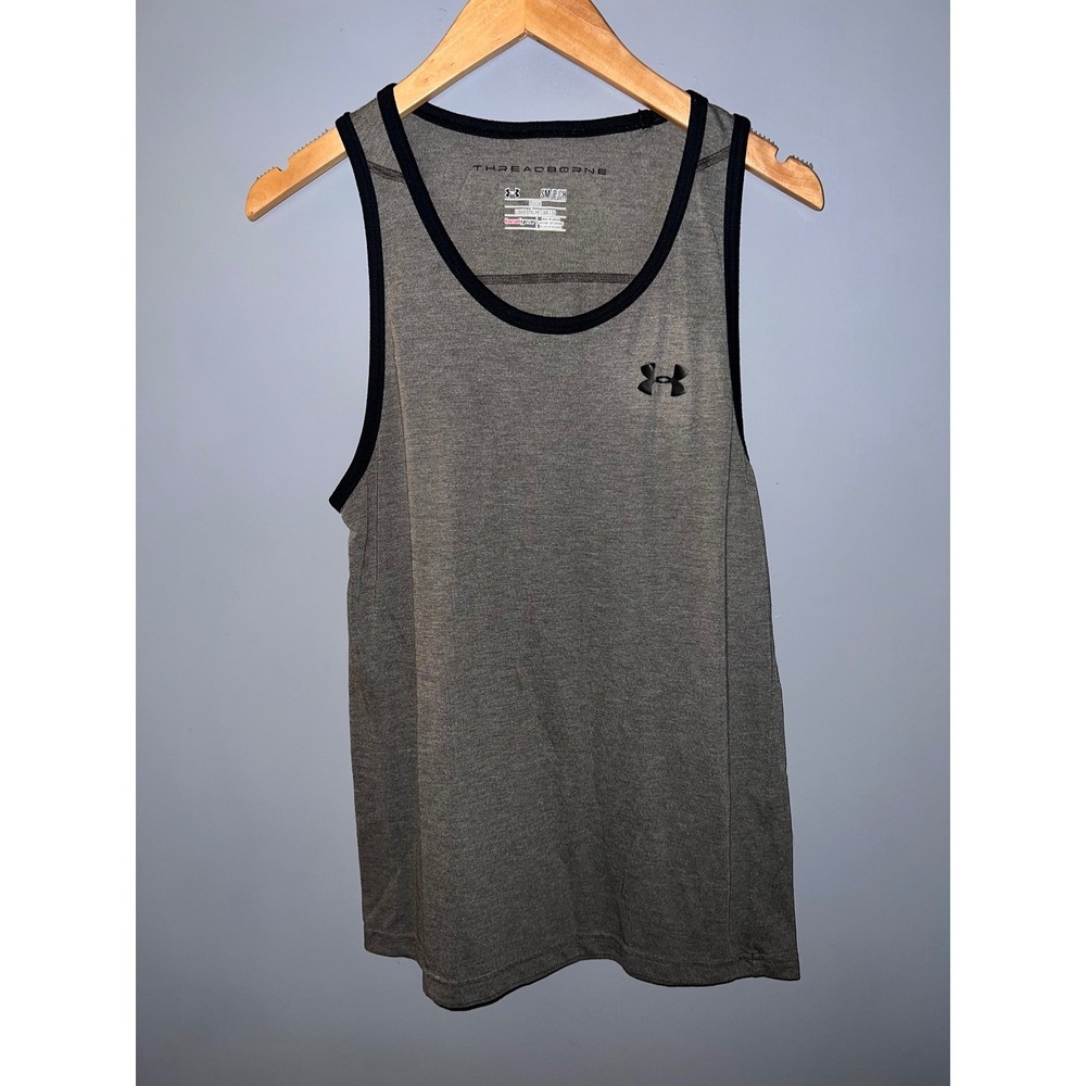 Under Armour Mens Threadborne HeatGear Tank Top Grey Black Loose Fit Small